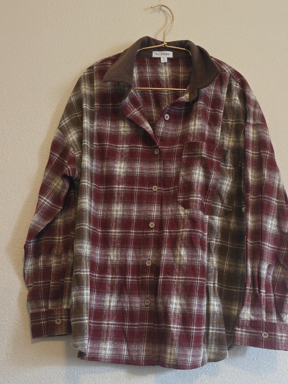 Blu Pepper Burgundy and Olive Plaid Button-Up Long Sleeve Dress